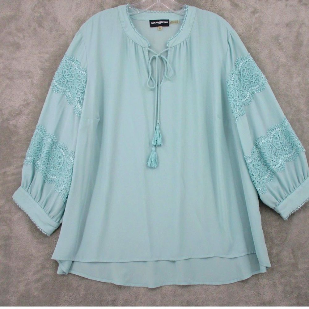 *Karl Lagerfeld* Paris Sz 1X Seafoam Green Embroidered Puff Sleeve Lace Tunic - Picture 6 of 11